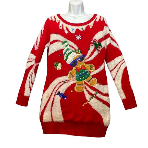 33 Degrees Peppermint Swirl Gingerbread Man Ugly Christmas Sweater Dress Size L - Picture 1 of 5